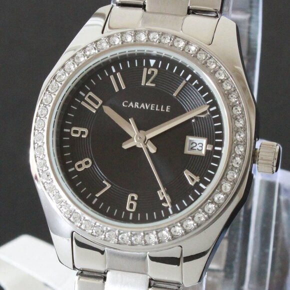 Caravelle Ladies Dress Watch By Bulova Black Sunray Dial 48 Crystal Bezel 28mm - Picture 10 of 12